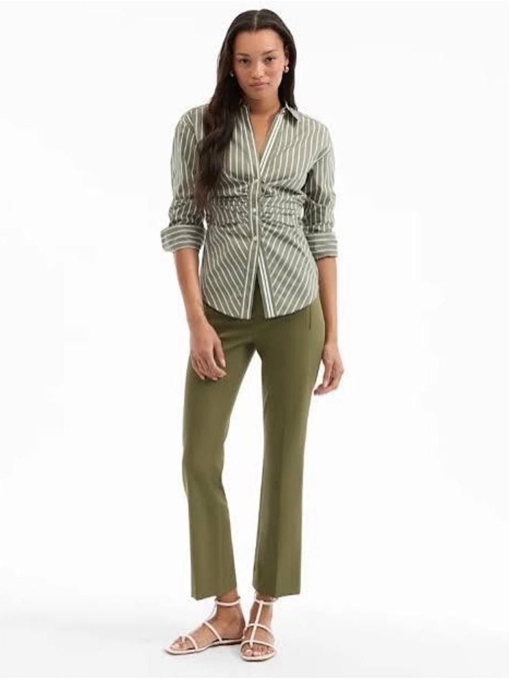 Veronica Beard Devra Stripe Ruched Cotton Blend Button-Up Shirt -Size 10